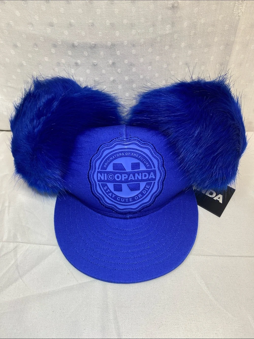 Nico Panda University Cobalt Blue Faux-Fur Pom Ear Fitted Cap Small
